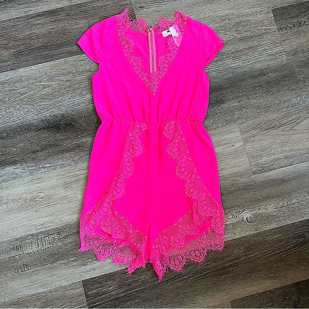 LF Bright Pink Lace-Trim Romper- NWT